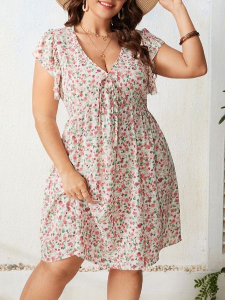 

plus ditsy floral print tie front dress y9bn#, Black