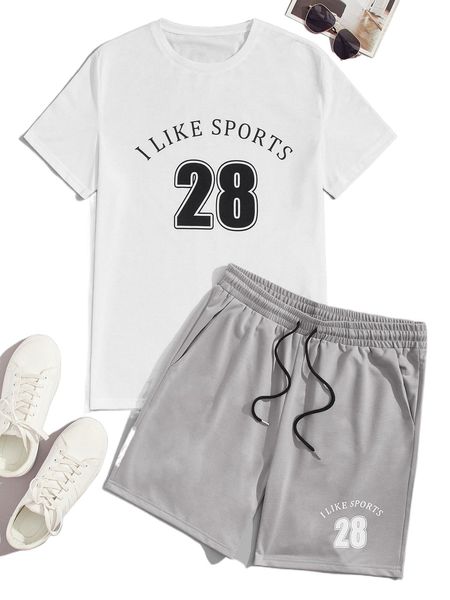 

men letter graphic tee & drawstring waist shorts k10h#, Gray