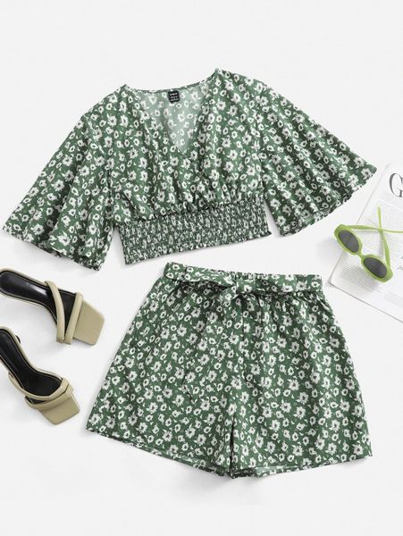 

allover floral print bell sleeve shirred hem & belted shorts set w7jm#, White