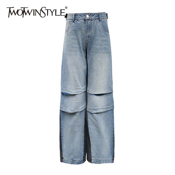

denim hole casual trouser for women high waist patchwork hit color wide leg jeans female fashion style 210423, Blue