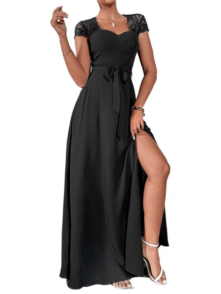 

contrast lace backless belted wrap hem dress e5du#, Black;gray