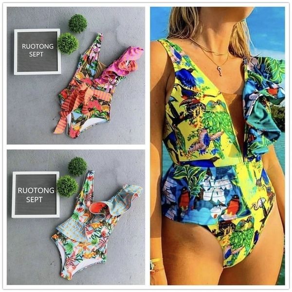 

ruffle floral print swimwear brazilian bikini monokini deep v women bathing suits high cut swimsuit y200824, White;black