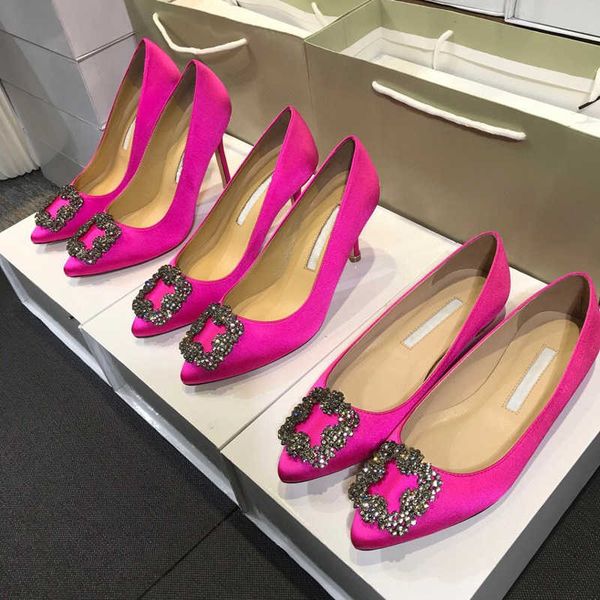 

pointed toe square crystal buckle silk high heels designer party wedding shoes rhinestone bride women ladies sandals fashion, Black