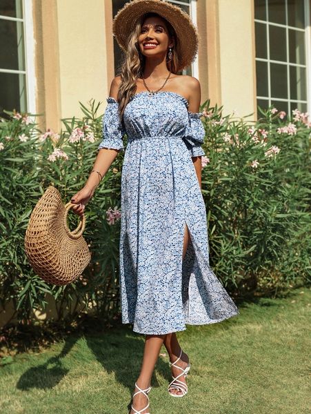 

allover floral print off shoulder split thigh dress a6gp#, Black;gray