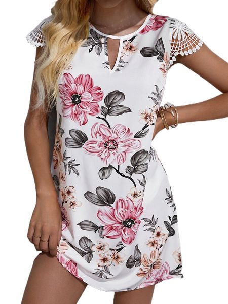 

floral print guipure lace panel keyhole neck tunic dress j18y#, Black;gray