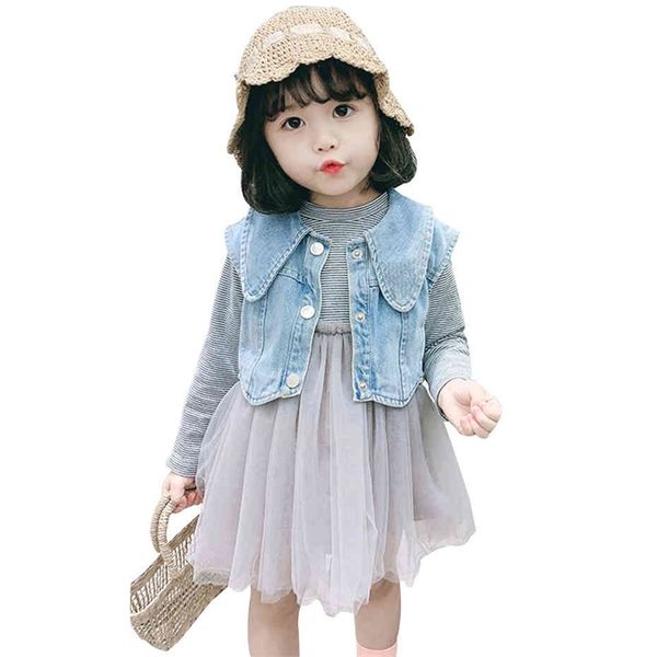 

toddler girls clothing striped tracksuits for girls denim jacket mesh dress children clothes girl autumn baby girl clothes 210412, White