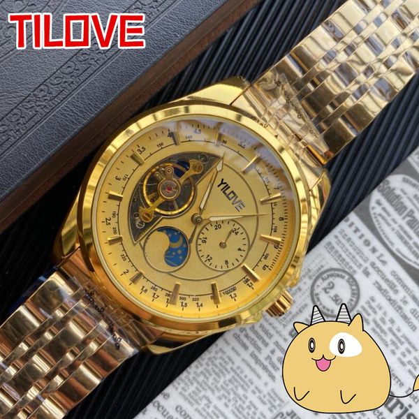 

round gold luxury men's watch flywheel skeleton multifunctional chronograph clock mature successful men's crime outdoor wristwatch, Slivery;brown