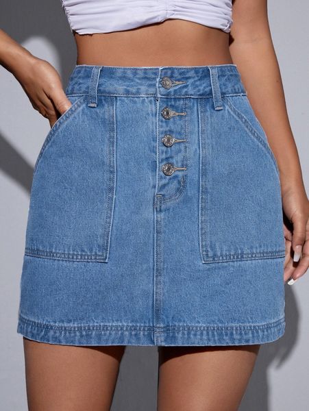 

high waist button fly denim skirt 87nu#, Black