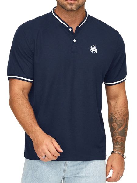 

men horse & figure graphic striped trim polo shirt k2pk#, White;black