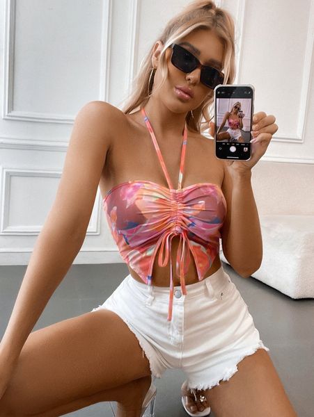 

graphic print asymmetrical hem backless drawstring front crop halter t23i#, White