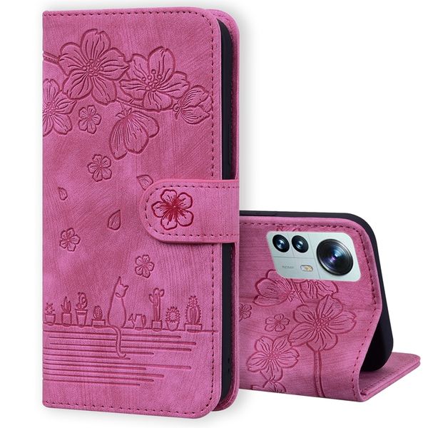 Custodie a portafoglio in pelle fiore Styish Sakura per Xiaomi 12 Pro 11 Lite POCO F4 X4 M4 GT X3 M3 Redmi Note 11 Retro Print Cherry Cat Holder Flip Cover Slot per schede Custodia per cavalletto