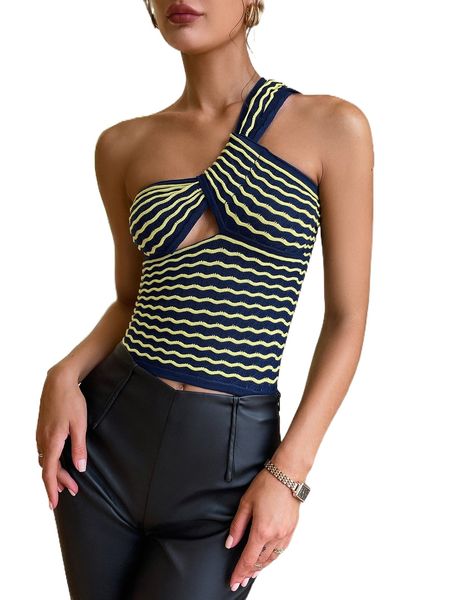 

sollinarry striped pattern cut out one shoulder knit p6m1#, White;black