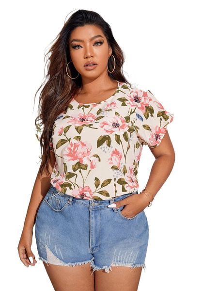 

plus floral print keyhole back z6hq#, Black
