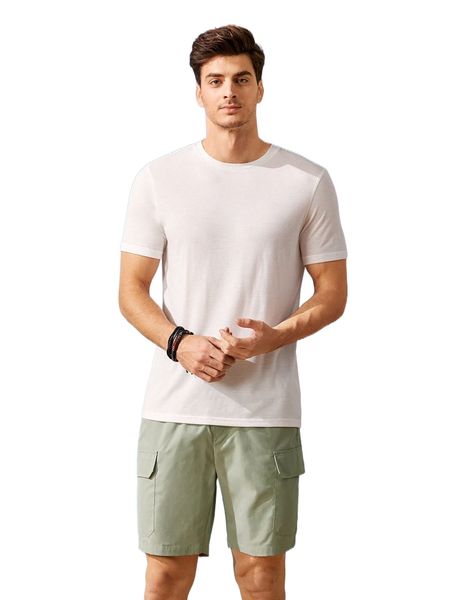 

men solid tee & flap pocket drawstring waist shorts x6b3#, Gray