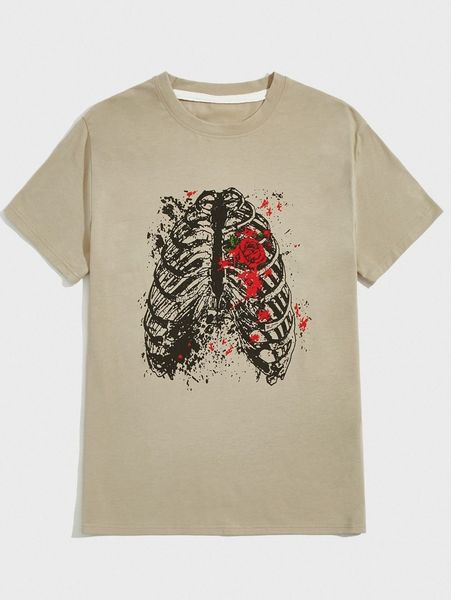 

romwe guys skeleton & floral print tee c1ue#, White;black