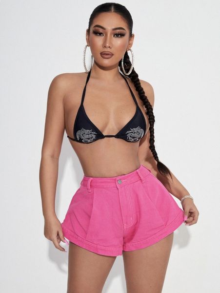 

sxy plicated detail wide leg denim shorts t88w#, White;black