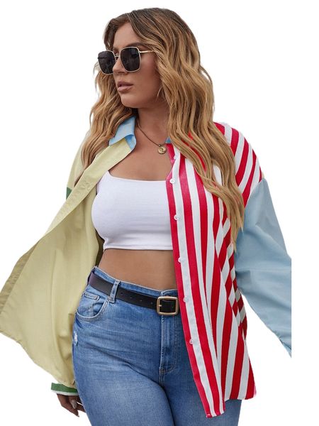 

plus colorblock striped button front shirt v9kg#, Black