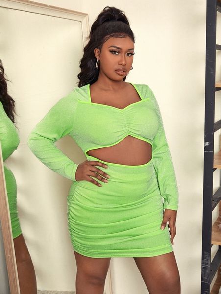 

sxy plus sweetheart neck cut out ruched glitter bodycon dress g1vn#, Black