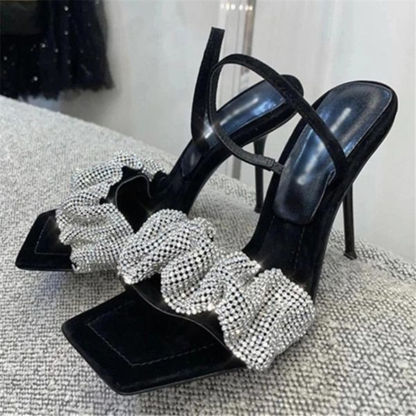 Kleid Schuhe Sexy Schwarze Frauen Sandalen 9 cm High Heel Prom Frau Kristall Dekor Pumps Gladiator Sandalias Mujer Verano 2022 kleid