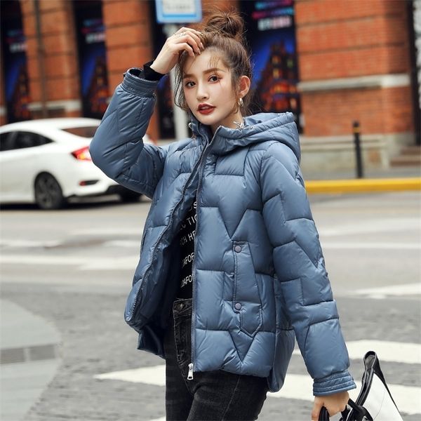 

fashion hooded shinny women jackets parka striped female short coat thick warm winter solid parka cold outwear jacket 201126, Black