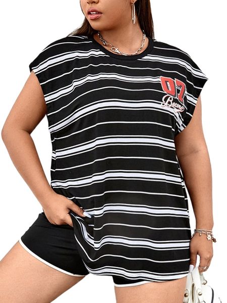 

plus striped & letter graphic dolman sleeve tee x0ce#, Black