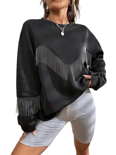 

fringe trim drop shoulder sweatshirt o6sf#, Black