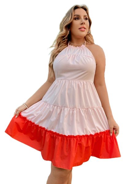 

plus colorblock ruffle hem backless dress 81g7#, Black