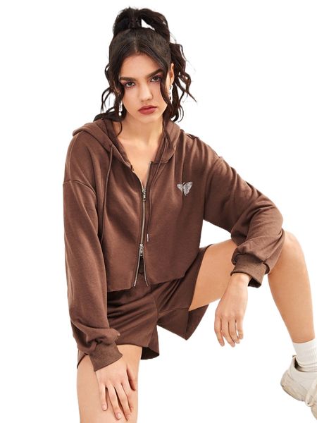 

butterfly rhinestone zip up hoodie and track shorts set f7kl#, White