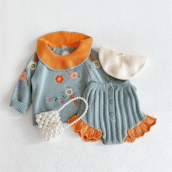 Sonbahar Bebek Bebek Kız Giysileri Suit Örme Işlemeli Lotus Yaprak Yaka Üst + Dantel Pantolon 2 Adet Toddler Kazak Setleri 220326