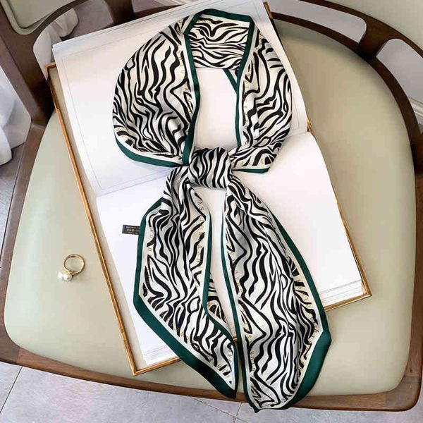 

designer silk head bag hair scarf south tiger head zebra silk scarf small long autumn foreign style fashion ribbon scarf hair band female, Blue;gray