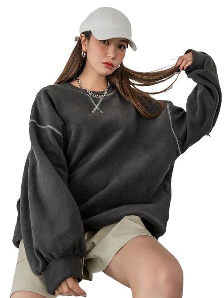 

dazy stitching drop shoulder fleece pullover t0ri#, Black