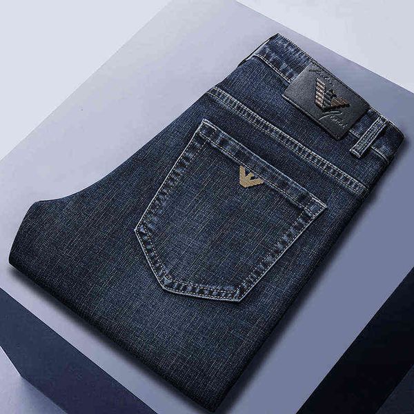 

autumn 2021 and winter men's elastic jeans straight goods high-end brand denim pants, Blue