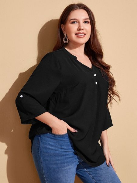 

plus solid notched neck rolled sleeve 96tw#, Black