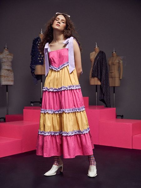 

x pompi garcÃ­a color block frill trim knot shoulder cami dress y6v1#, Black;gray