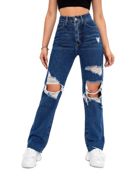 

high waist ripped straight leg jeans 25mc#, Blue