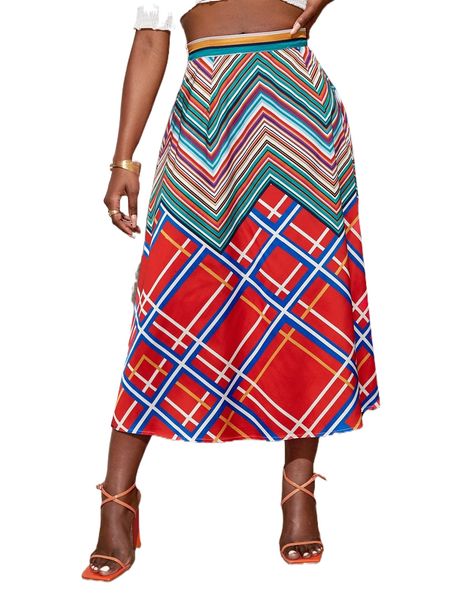 

sxy chevron & plaid print skirt e8vg#, Black