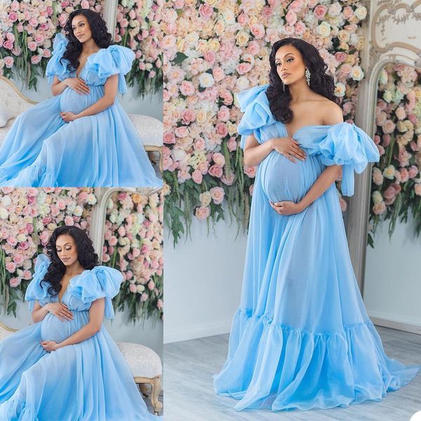 Blaue Rüschen Plus Size Schwangere Damen Umstandsnachtwäsche Kleid Nachthemden für Poshoot Dessous Bademantel Nachtwäsche Baby Shower219M