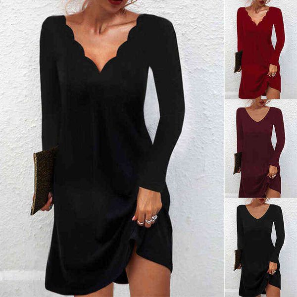 

elegant 2022 early spring v neck solid color dress women clothing fashion casual long sleeve vestidos pullover party dress y220401, Black;gray