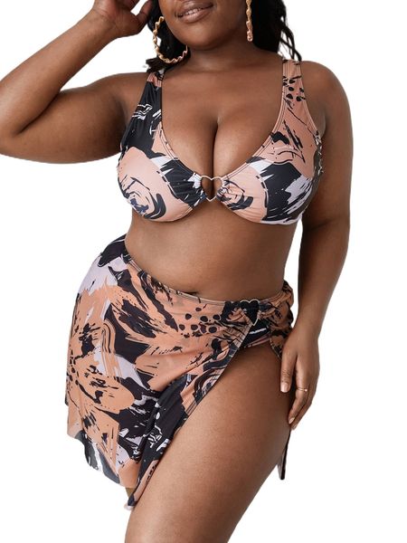 

plus 3pack graphic print heart ring detail bikini swimsuit r6fa#, White;black