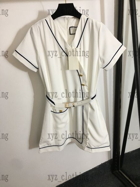 

2022 summer white dress brand designer womens dresses belted waist robe style v-neck short-sleeved dress high-end ladies professional single, Black;gray