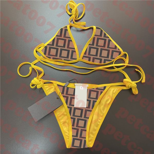 Brauner Buchstaben Bikini Womens BH gelbe Spleiß Badebekleidung Dessous klassischer Riemchen Badeanzug zweiteilig