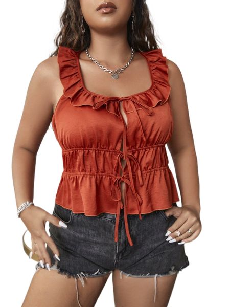 

plus ruffle trim knot front peplum blouse x6jb#, Black