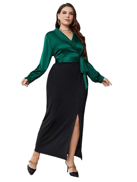 

plus surplice neck knot side wrap dress 56nt#, Black