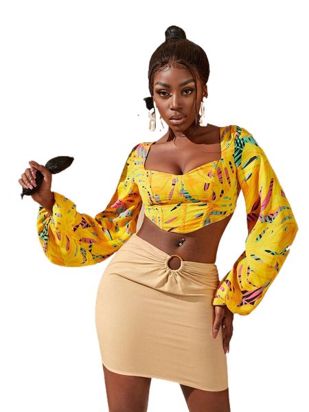 

sxy graphic print lace up backless bishop sleeve c7wj#, White