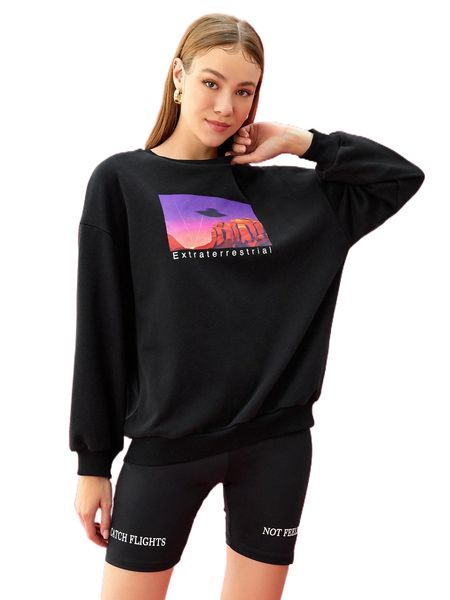 

x rikibeztiki drop shoulder letter graphic pullover 27y5#, Black