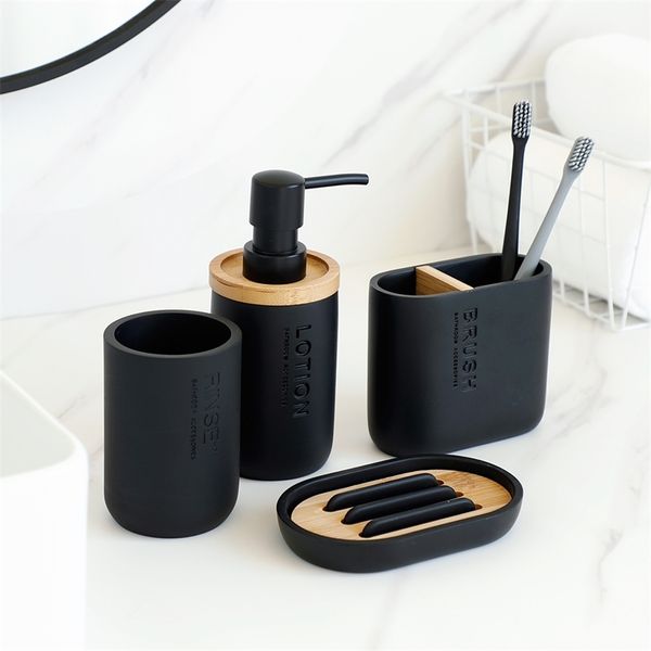 Banyo Aksesuarları Set Reçine ve Ahşap Sabun Losyon Dispenser Diş Fırçası Tutucu Sabun Bulma Tumbler Pompa Şişe Kupası Siyah veya Beyaz 220624