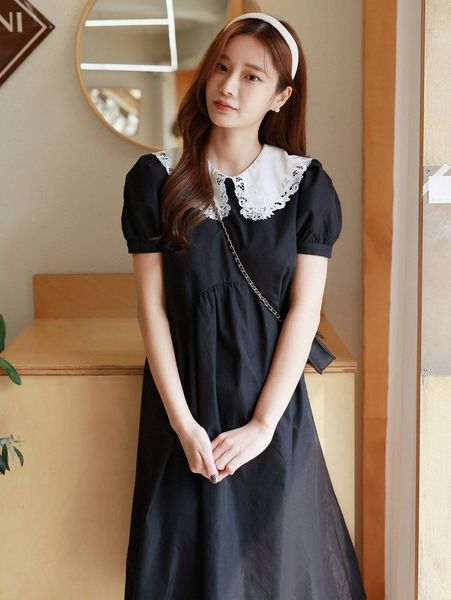 

dazy guipure lace insert statement collar puff sleeve dress v5y4#, Black;gray