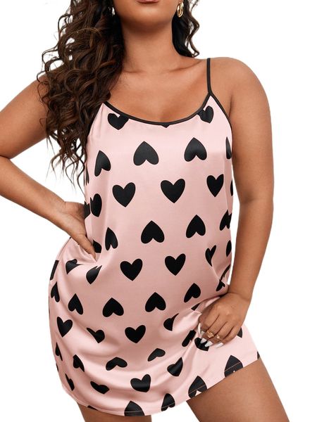 

plus allover heart print contrast binding cami nightdress i3hz#, Black;white