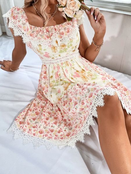

floral print contrast lace ruffle hem dress i3kw#, Black;gray