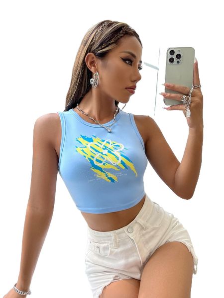 

floral & slogan graphic crop tank j1q2#, White